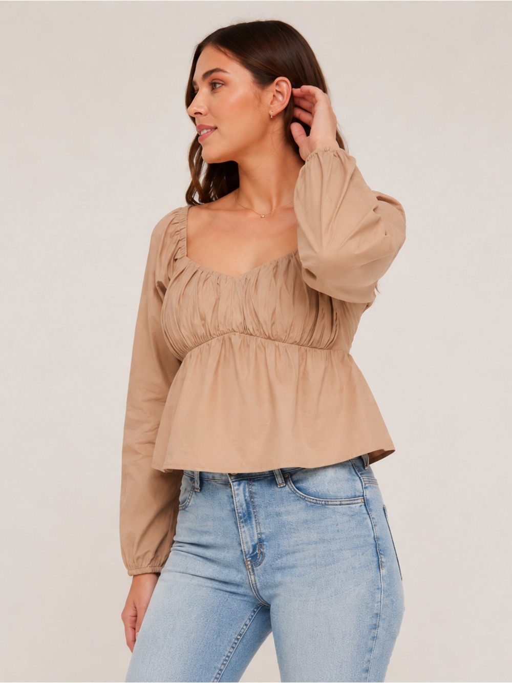 Cotton Milkmaid Babydoll Crop Top M Sweetheart Puff Sleeve Beige Boho Festival